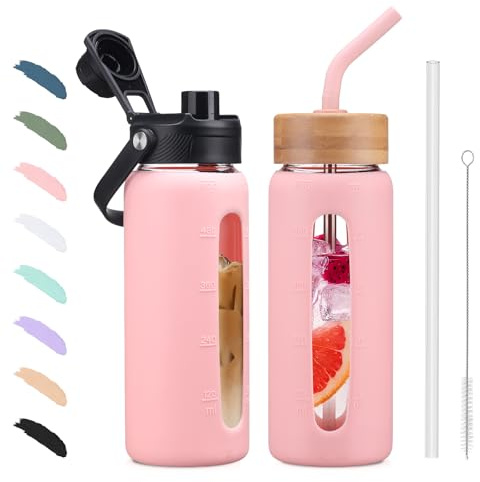 BLUEGO 600ML Gobelet en Verre Gourde avec Paille et 2 Couvercles Tasse à Café avec Marqueur de Temps et Protecteur en Silicone Bouteille pour Breuvages Soda Cola Sans BPA, Rose