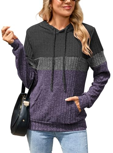 Famulily Knit Hoodie for Women UK Ladies Casual Ribbed Jumpers Autumn Winter Colour Block Sweater with Pocket