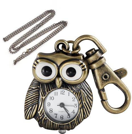 Tiong Retro Owl - Shaped Men's Quartz Pocket Watch with Keychain and Chain, Cute Animal Watch Accessory