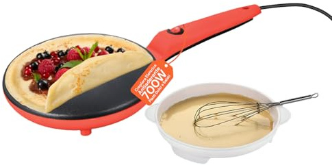 Avilia - Sartén para crepes Yummi 600 W con cuenco y batidor incluido, sartén antiadherente de 20 cm fácil de limpiar, ideal para preparar crepes rápidos para el desayuno o merienda con seguridad