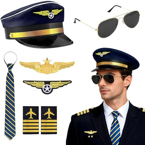 XEERUN Set di accessori per costume da pilota, cappello da capitano della compagnia aerea, set di accessori per costume da pilota, kit con cappello da capitano con occhiali da sole, fascia da braccio