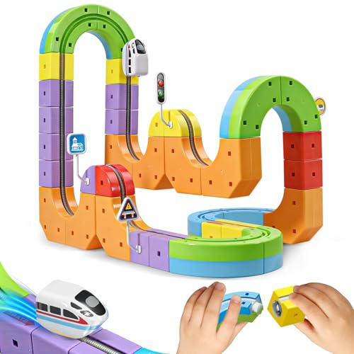 Elektrische Eisenbahn Kinder 3D Set,Zug Spielzeug ab 3 Jahre,Eisenbahn mit Rail System,Anti-Gravity Magnetic Cube Tracks,Weihnachts und Geburtstagsgeschenk für Jungen und Mädchen ab 3 Jahren