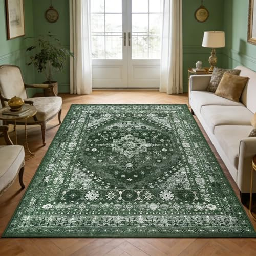 Capslpad Washable Rugs Living Room 160x230cm Distressed Vintage Area Rugs Non-Slip Traditional Oriental Bedroom Carpet Low Pile Thin Floor Mat Rug for Dining Room Kitchen Office Decor, Green
