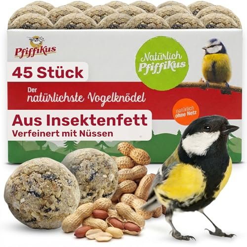 Natürlich Pfiffikus Meisenknödel ohne Netz, mit Nüssen, 45 Stück – mit Insektenfett – artgerechtes Wildvogelfutter für draußen – Ganzjahresfutter für Meisen & Gartenvögel – plastikfrei im Karton