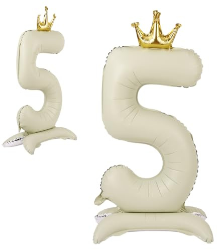 APXEL Ballon d'Anniversaire 5 Blanc Cassé, Foil Ballon Numéro Chiffre 106cm, Ballons Debout Gonflable Hélium, Deco Anniversaire 5 Ans Grand Ballons avec Base et Couronne pour Fête Party Mariage