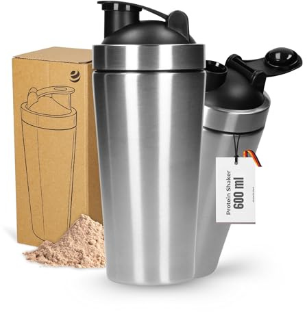 Protein Shaker Edelstahl 600 ml - doppelwandiger & auslaufsicherer Shaker | Fitness, Gym, Eiweißshaker, Sportnahrung, Mixball, klumpenfrei, langlebig