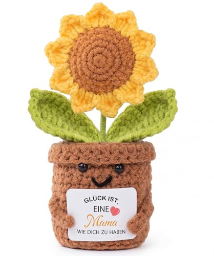 Aruigu Geschenke für Mama, Handgehäkelte Sonnenblume mit Karte, Geschenk & Glücksbringer für Mutter Geburtstag Muttertag Weihnachten, Lustige Personalisierte Kleine Geschenke Frauen