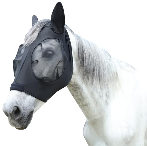 Gallopoff Fliegenmaske Pferd mit Ohren & Schopfloch – elastisches Material, atmungsaktiv, leicht, UV-Schutz, weich & passgenau Schwarz Cob