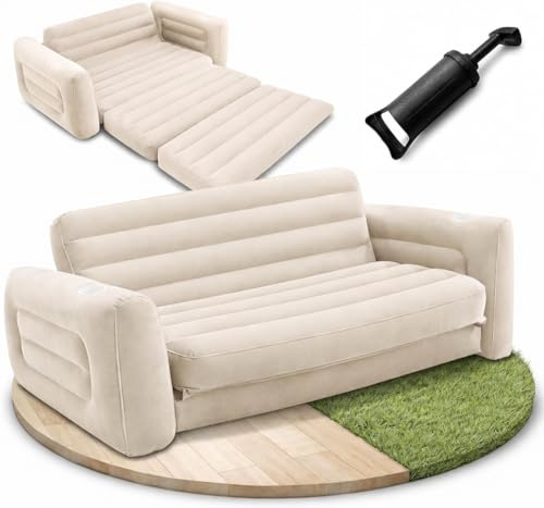 JoyMotion Aufblasbares Sofa Camping mit Pumpe – 2 in 1 Sofa Luftmatratze Camping 2 Personen – Bequeme Camping Couch – Weiche, geflockte Oberfläche – Gästebett aufblasbar (Creme)