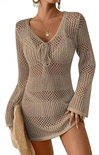 Bsubseach Women V Neck Long Sleeve Crochet Bikini Beach Cover Up Khaki XL