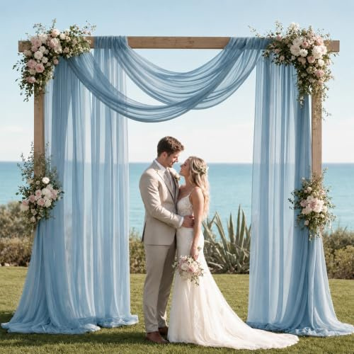 2 Panels Dusty Blue Wedding Arch Draping Fabric, 30 x 19.69Ft Sheer Chiffon Backdrop Curtain for Wedding Arbor Ceremony Archway Ceiling Party Decor