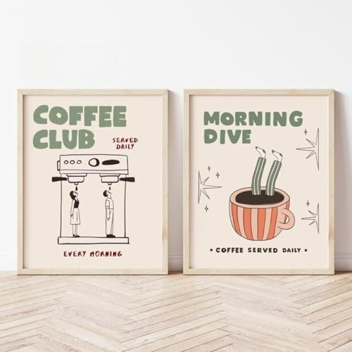 JORCEDI 2er Poster Set, Abstraktes Küche Kaffee Bilder,Retro Modern Café Küchenbilder,Aesthetic Deko,für Wohnzimmer, Küche,Kaffee,Ohne Rahmen (40x50cm,B)