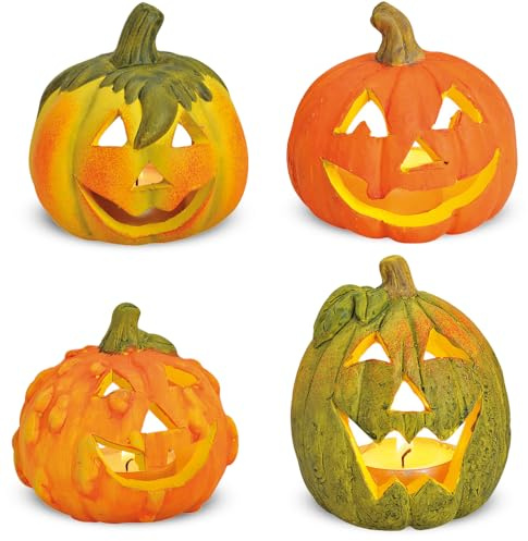 Kleine Kürbis-Deko Laternen im 4er Set als Halloween-Deko LED Windlichter je 8 cm - Mini Deko-Kürbisse als Outdoor Teelichthalter oder innen Tischdeko - Jack Lantern wetterfeste Garten Herbstdeko