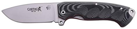 J&V Adventure Knives JV Navaja Cartago MICARTA Negra Funda Piel para Caza, Pesca, Supervivencia y Bushcraft Realizado en Albacete + Portabotellas de regalo