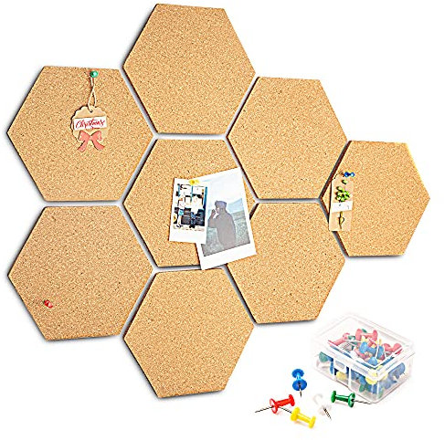 Pinnwand Kork 8 Stück, HENMI Korktafel Korkwand DIY, Sechseckige Korkplatte mit 50 Stück Pushpins, Selbstklebende Korkwand für Foto Hängen, Notizen, Heimdekoration und Büro Memorandum
