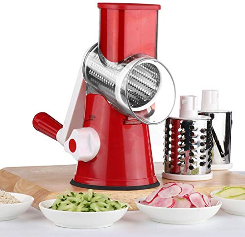 RONGJJJQ Cortador de Verdura, Mandolina Multifuncional Manual, Corta en Patatas y Zanahorias, Rallador de Queso con 3 Cuchillas de Acero Inoxidable Redondas, Red