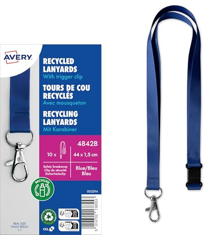 AVERY Zweckform 4842B Lanyard 10 Stück (44x1,5cm, Kartenhalter mit Karabinerhaken-Sicherheitsverschluss, Schlüsselband für Ausweishülle, Kartenhülle, Namenschilder, Umhängeband, Nackenband) blau