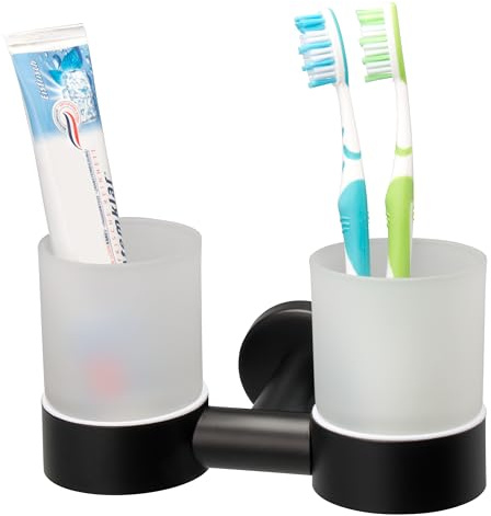 bremermann Bad-Serie Piazza Black - Doppel-Glasbecherhalter, Zahnputzbecherhalter inkl. Wandhalterung, Becherhalter - Zahnb�rstenhalter, aus satiniertem Glas und Edelstahl matt schwarz