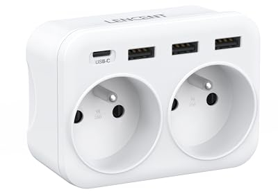 LENCENT Prise USB Secteur Chargeur, Multiprise Murale 6 en 1 avec 2 Sorties AC,1 Type C et 3 USB Multiprise duex Prise Françaises pour Chambre Cuisine Bureau