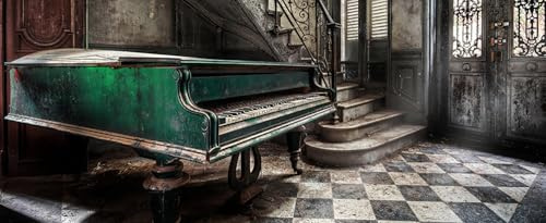 STYLER Glasbild Piano 50 x 125 cm I Lost Place altes Haus mystisch Klavier Flügel vintage I Wandbild aus Glas I Bild Wohnzimmer Schlafzimmer Küche I XXL groß retro abstrakt