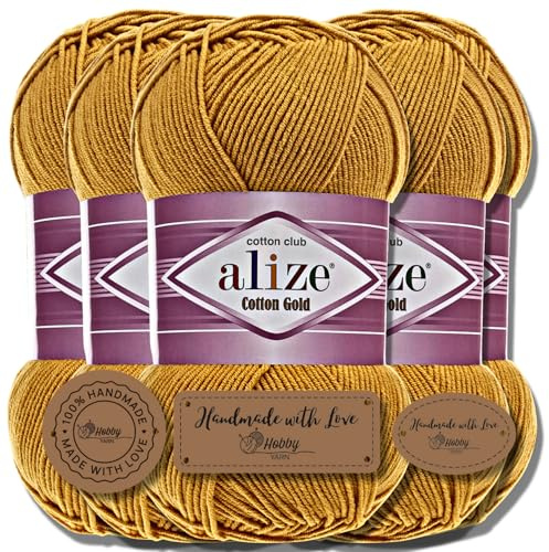 Hobby YARN 3x Etikettenlabel mit Alize Cotton Gold Wolle Premium 5x100g als Set, Yarn, Garn, Sommerwolle, Baumwolle, Strickgarn, Einfarbig, Baby, Kleidung, Schals (Mustard - 2)
