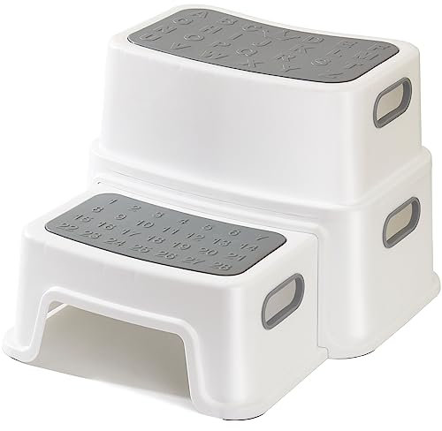 Tritthocker Kinder 2 Stufen, Robuster Hocker Zweistufiger Tritthocker für Badezimmer, Waschbecken und Toilette, Anti-Kipp und Anti-Rutsch, Sicherer für Kleinkinder Polypropylen (PP) Weiß