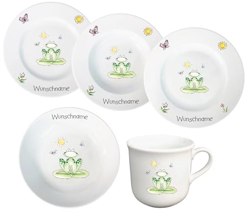 Kindergeschirr Kinderservice 5-tlg. Frosch Kinder Geschirr Porzellan Teller Tasse Müslischale personalisierbar mit Wunschname Name Kombiservice mit Namen personalisiert