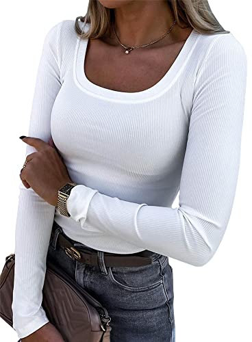 Smile Fish Womens Long Sleeve Scoop Neck Ribbed Knit Fitted Casual Tops Tee Slim Basic Shirts, White XL
