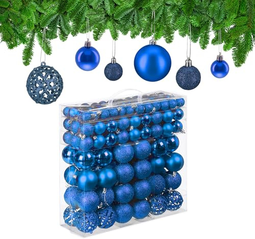 Relaxdays 150 Bolas Árbol Navidad, Decoración Navideña Mate, con Brillantina, Relucientes, de 3, 4 y 6 cm Ø, Azul