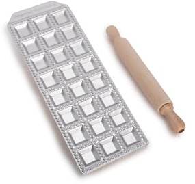 Imperia Raviolamp Linea Titania. Stampo per ravioli Made in Italy. Accessorio cucina tagliapasta in alluminio per pasta fresca. Mattarello incluso. (24 Ravioli classici)