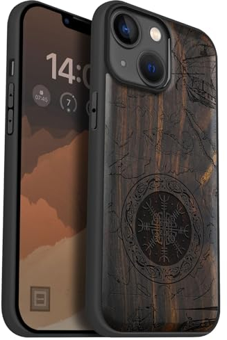 Carveit Holz Handyhülle für iPhone 14 Handyhulle kompatibel MagSafe Massivholz für Apple 14 Handyhülle Stoßfeste Stoßstange Weich TPU hulle（Dunklesholz-Wikingerschild）