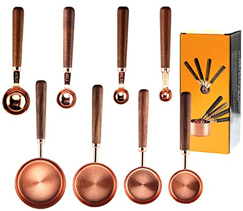 KKC Cuillère à café, cuillère doseuse à café avec manche en bois, cuillère doseuse en acier inoxydable, cuillère à café, cuillère doseuse, cuillère à café (8 pièces)