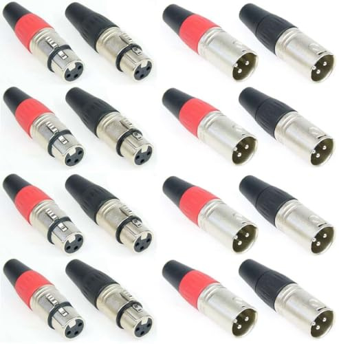 Adam Hall 4 SETs Connectors XLR 3 pol Mikrofon Kabel Stecker male + Kupplung female in ROT + SCHWARZ, versilbert 3 Star Serie