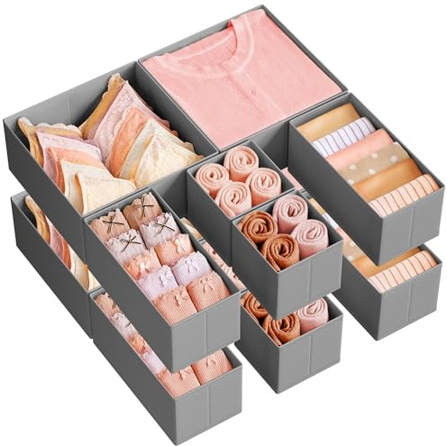 SONGMICS Drawer Organizers, Dresser Divider Organizers, Set of 12, Foldable Fabric Storage Boxes for Socks, Underwear, Bras, Ties, Scarves, Dove Gray URDZ006G02
