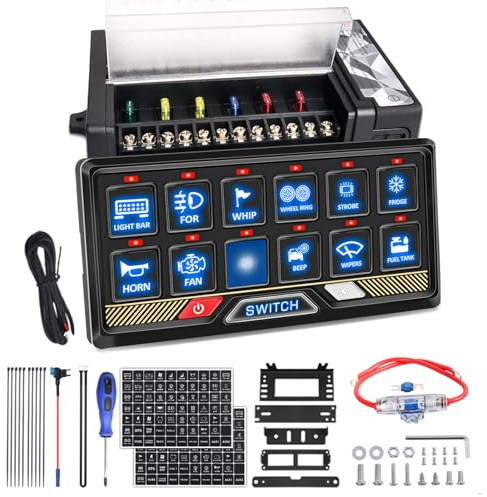 Chelhead 12 Gang 12V-24V Schalter Panel RGB mit Einstellbare Helligkeit 80A | 12-fach Schalterpanel Touch-Steuerung mit RGB Farben und Relais-System. Einfache Kontrolle für Autos, LKW, Boote, UTV, SUVs