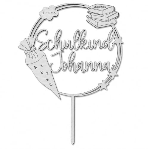 Birdart Box Tortenstecker zur Einschulung mit Namen – personalisierter Tortenstecker aus umweltfreundlichem Holz, stabiler Cake Topper 15cm Durchmesser (Silber, Variation1)