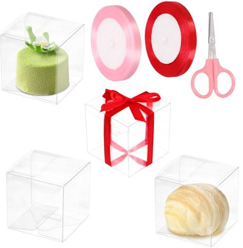 Swpeet Clear Boxes for Favors with Gift Ribbons (Clear, 2.75x2.75x2.75) Kunststoff Klare Gefälligkeitsboxen mit Bändern und Schere Kit, Kleine Geschenkboxen Transparente Würfel PET Boxen Behandeln