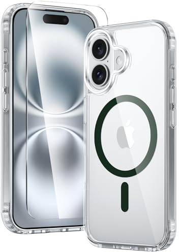 FNTCASE for iPhone 16 Phone Case: Clear Magnetic Military Grade Drop Protection Anti Yellowing Slim Case - Rugged Shockproof Protective Transparent Cell Phone Cover(Green)