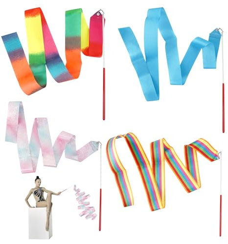 ChanraingYee Stück of 4 Gymnastikband mit Stab, Gymnastik Gymnastikband Tanzband Flatterband Rhythmische Sportgymnastik Reckstange Outdoor Gummitwist Luftschlangen für Kinder Tanzbänder Gymnastikstab