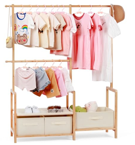 Relquorax Appendiabiti in bambù per bambini con tre aste da appendere, per vestiti da bambino, piccolo organizer con 3 cestini, per costumi e accessori (colore naturale)