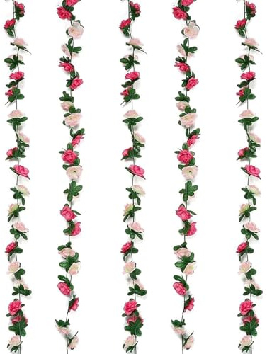 5 Stück Künstliche Girlande 2,5 Meter Künstliche Blumengirlande im Freien Künstliche Girlanden für Hochzeit, Weihnachts Dekoration, Garten, Party Wanddekoration (Rosa)