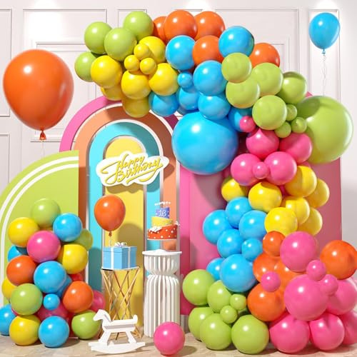 Kit De Arco de Globo de Neón Multicolor - 114pcs Globos Tropicales Luau Arco Kit de Guirnalda, Color Arcoíris Azul Verde Rosa Naranja Globos Hawaianos Para Decoraciones de Fiesta De Niños