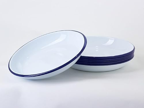 Ardosia Lot de 6 Assiettes Creuses Rondes en Acier Émaillé Épais avec Bordure Bleue sur le Dessus Design Rétro 25x3,5 cm