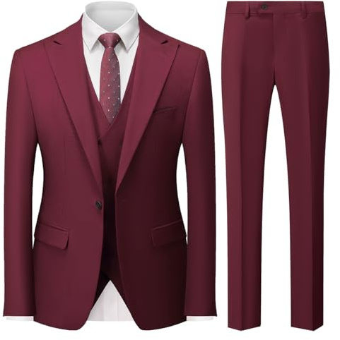 MODFUL Mens Suits 3 Piece Slim Fit Business One Button Tuxedo Wedding Blazer Waistcoat Trousers Set (WineRed, Large)