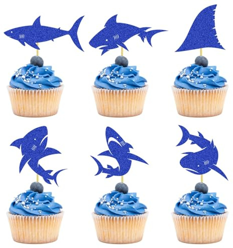 24 adornos para cupcakes de tiburón, decoración para tartas, con purpurina azul, aleta de tiburón, animales del océano, temática de tiburón, para baby shower infantil, fiesta de cumpleaños, boda