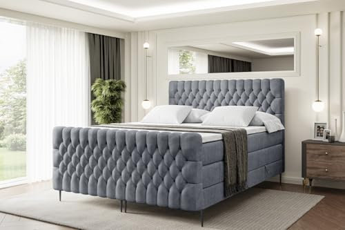 ALTDECOR Boxspringbett mit Schwarz Füßen, Matratze und Lattenrost, Topper, Fußteil, Polsterbett mit Bettkasten, Bett mit Stauraum H3- und H4- Matratze -Serene-FC-Z KING-200x200 - Grau Casablanca