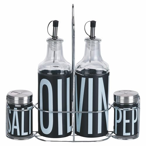 Villa d'Este Home Tivoli 1996 Set condimento olio, aceto, sale e pepe in vetro e acciaio inox, stand in ferro, nero, Bigismore