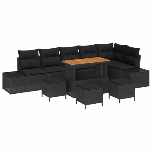vidaXL Trädgårdsoffset med kudde 10 pcs Svart Poly rattan, Trädgård och terrass, modern modulär utemöbel, UV-skyddad soffa, lätt rattansoffa, mysig patio-lounge