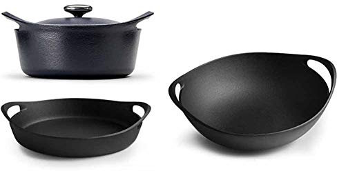 GAOAZHEN Juego de sartenes antiadherentes de Hierro Fundido, sartén Antiadherente esmaltada con Aceite Vegetal, sartén Wok, Cacerola sin Revestimiento, Olla para Sopa y Olla (Juego de 3 Piezas), B
