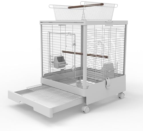Ruexue Clear View Vogelkäfig mit Spielplatte, moderner Rollkäfig für Sittiche, Nymphensittiche, Sittiche, Sittiche, Lovebirds, weißer Papageienkäfig mit 1,0 cm Gitterabstand, herausziehbare Schale